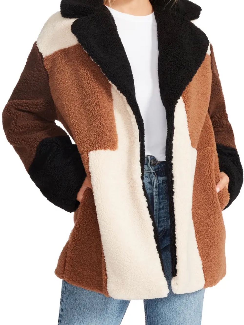 Steve Madden Colorblock Teddy Jacket in Black, Cream & Brown